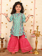 Blue floral Kurt with pink sharara