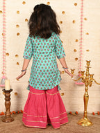 Blue floral Kurt with pink sharara