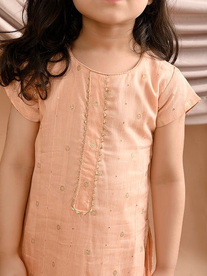 Peach gold embroidered kurti with white sharara