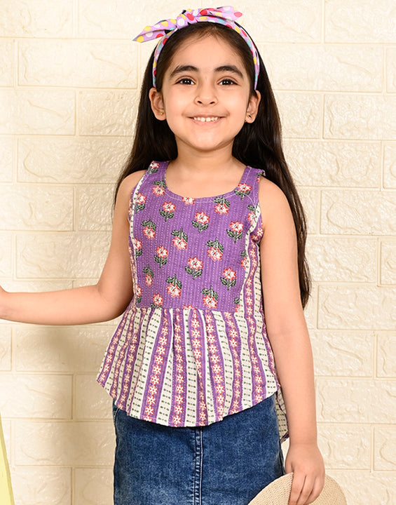 Purple Cotton Printed sleeveless Top