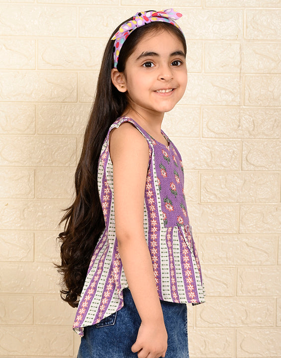 Purple Cotton Printed sleeveless Top
