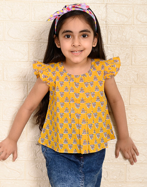 Yellow Cotton Floral Printed top