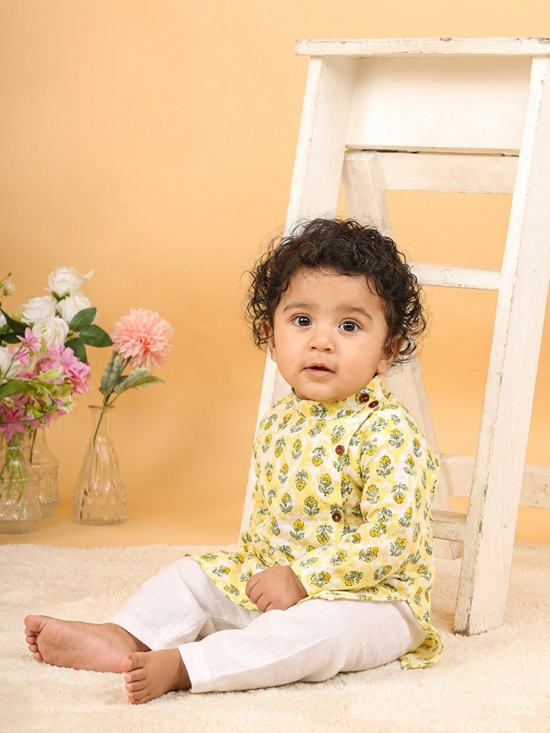 Yellow Floral Print Kurta with Pajama