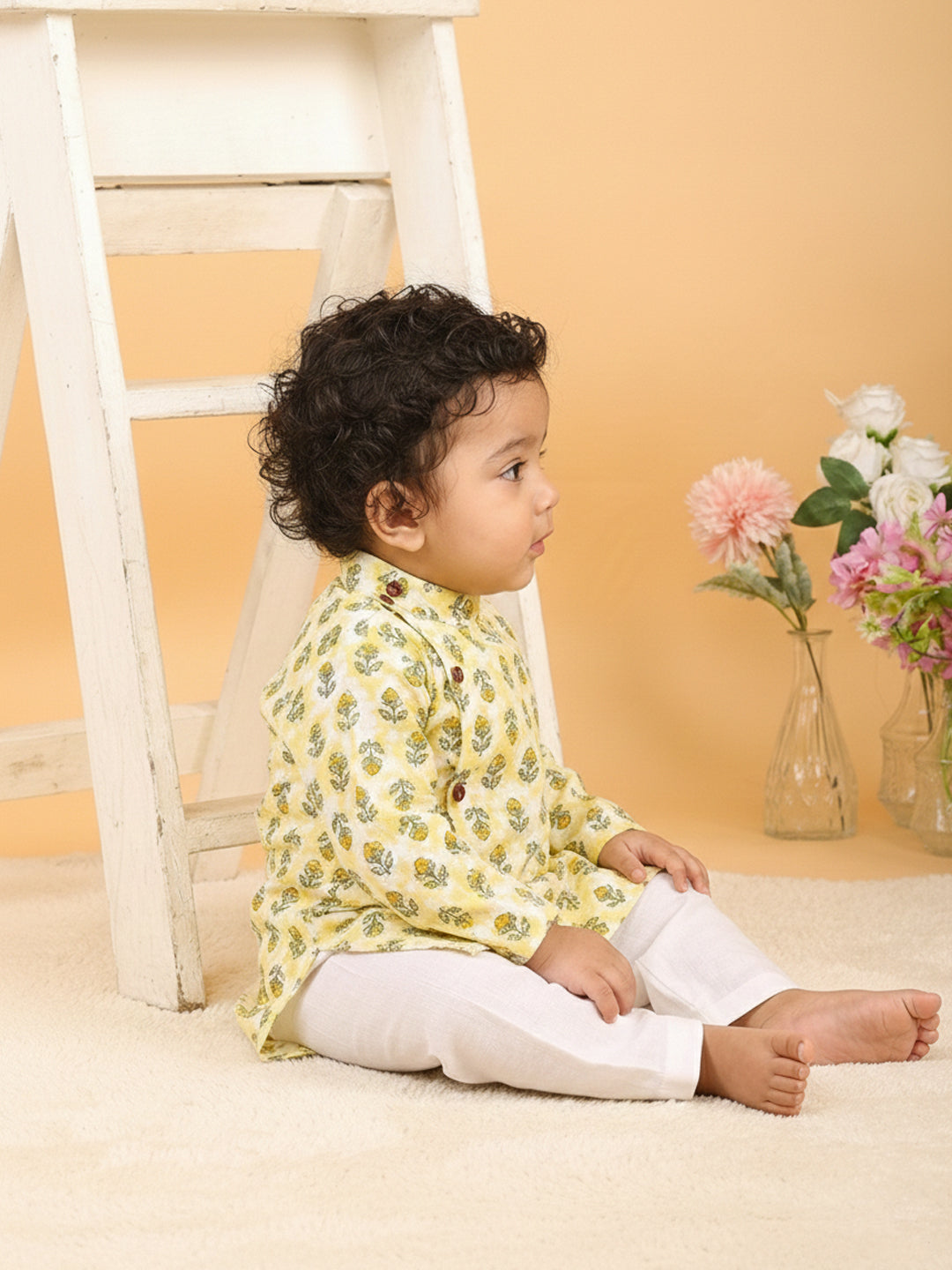 Yellow Floral Print Kurta with Pajama