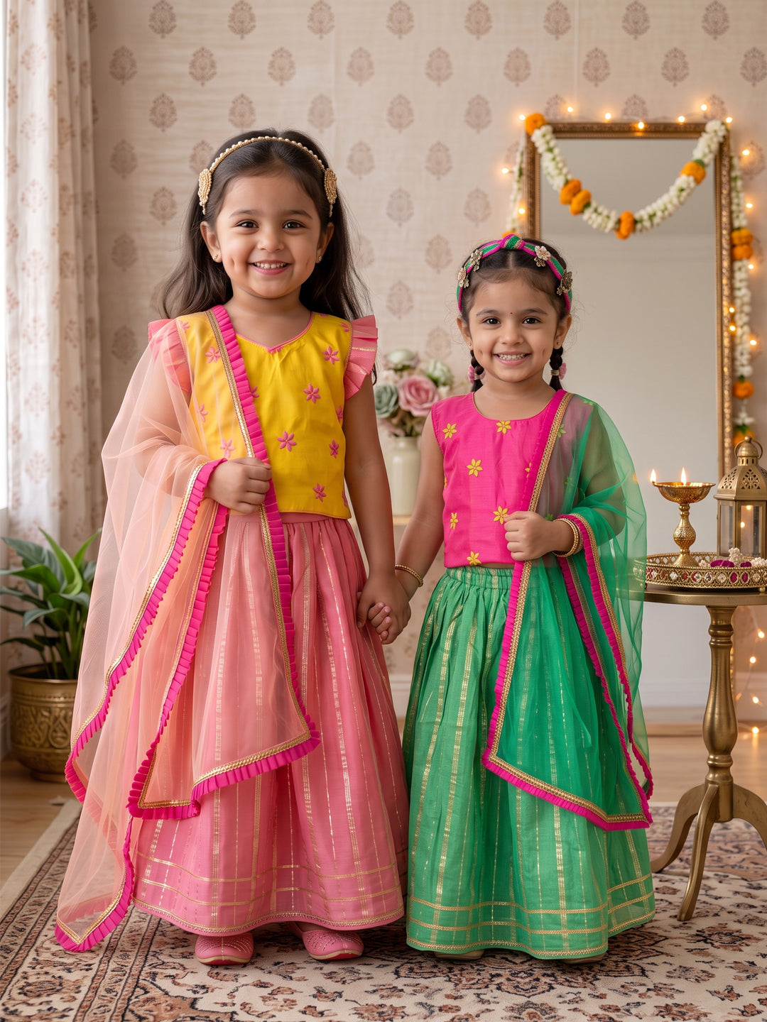 Kinder Kids Pink Lehenga with Yellow Embroidered Top and Dupatta