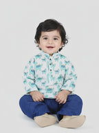 All Over Dinosaur Printed Kurta With Seamless Broken Striped Katha Dhoti