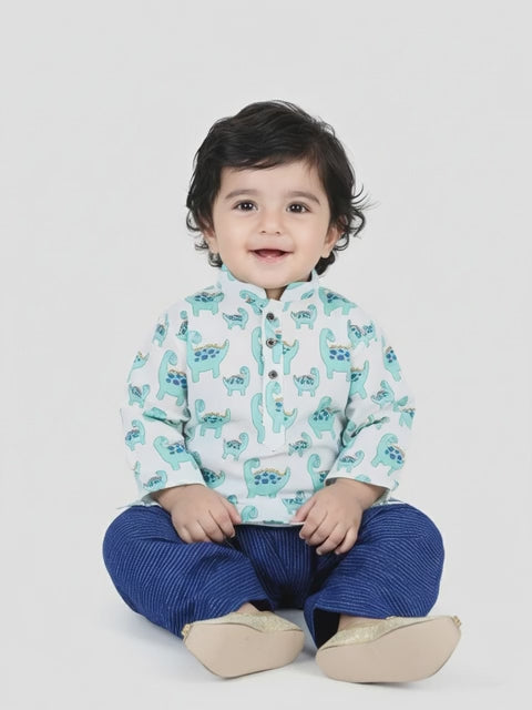 All Over Dinosaur Printed Kurta With Seamless Broken Striped Katha Dhoti