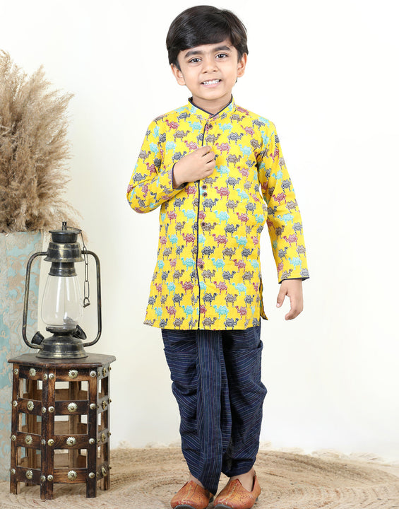 Yellow Camel Printed Style Kurta Dhoti