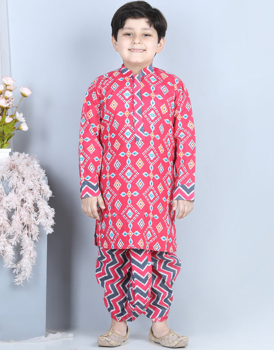 Red Patola Printed Kurta With Chevron Printed Dhoti