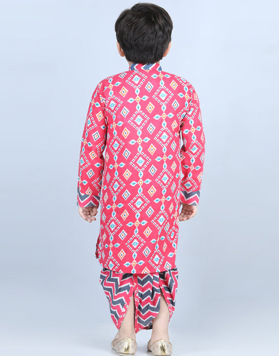 Red Patola Printed Kurta With Chevron Printed Dhoti