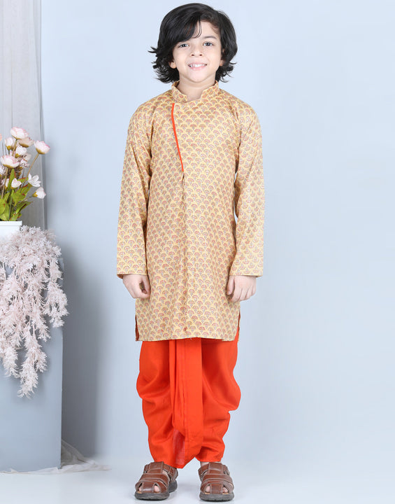 Orange Floral Printed Kurta With Solid Dhoti