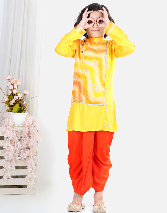Yellow  Kota & Lace Work Kurta Dhoti