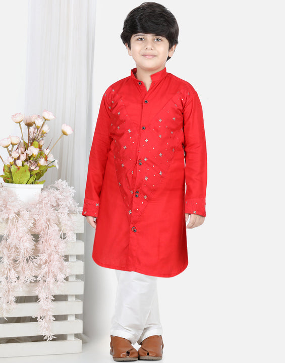 Red Sequin Embellished Curved Hem Kurta Set