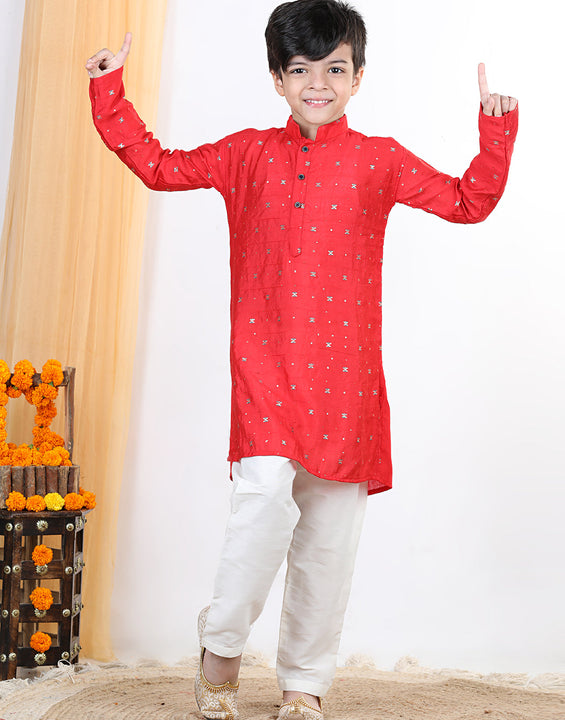 Red Work Detail Kurta Set