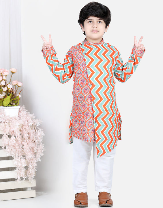Orange Floral & Chevron Detailed Kurta Set