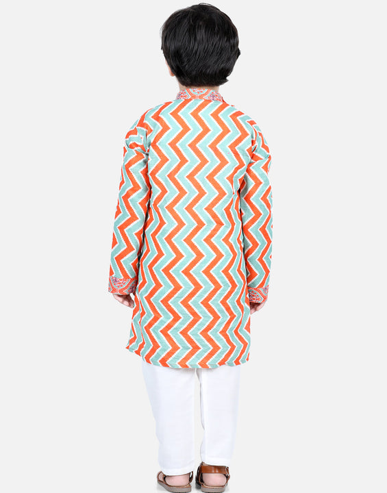 Orange Floral & Chevron Detailed Kurta Set