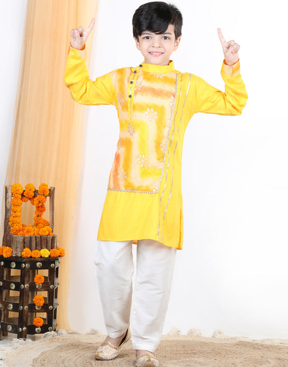 Yellow Floral Foil Lace Work Kurta Set