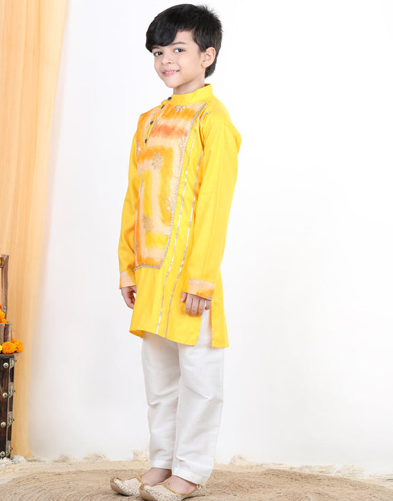 Yellow Floral Foil Lace Work Kurta Set