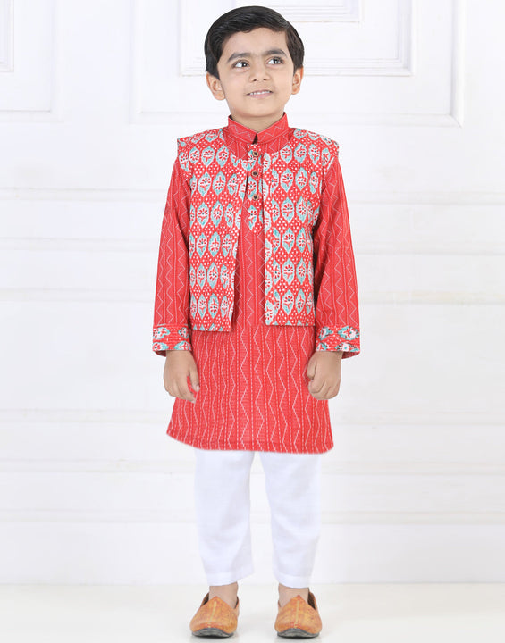 Red Katha Kurta with Floral printed Jacket Set