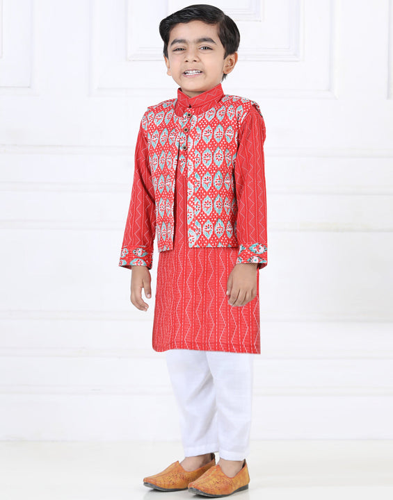 Red Katha Kurta with Floral printed Jacket Set