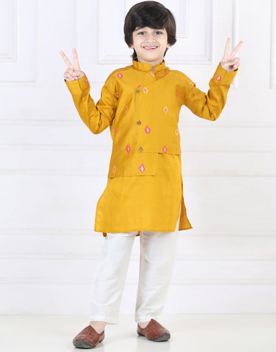 Yellow Kurta with Embroidered attached Jacket Set