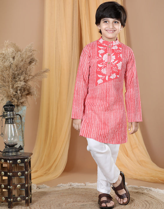 Red Striped Kurta with Floral Patch Kurta Set