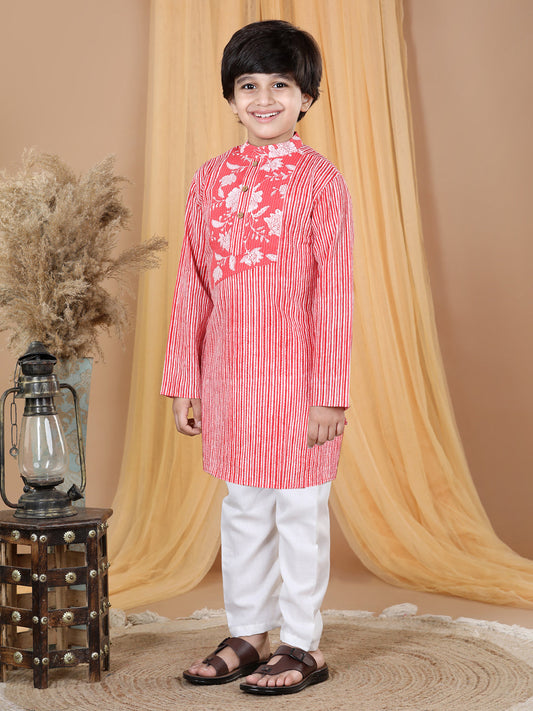 Red Striped Kurta with Floral Patch Kurta Set