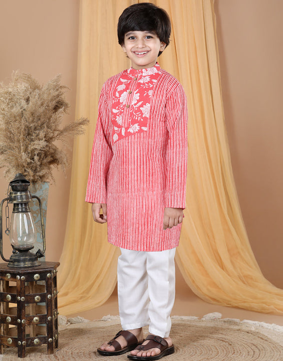 Red Striped Kurta with Floral Patch Kurta Set