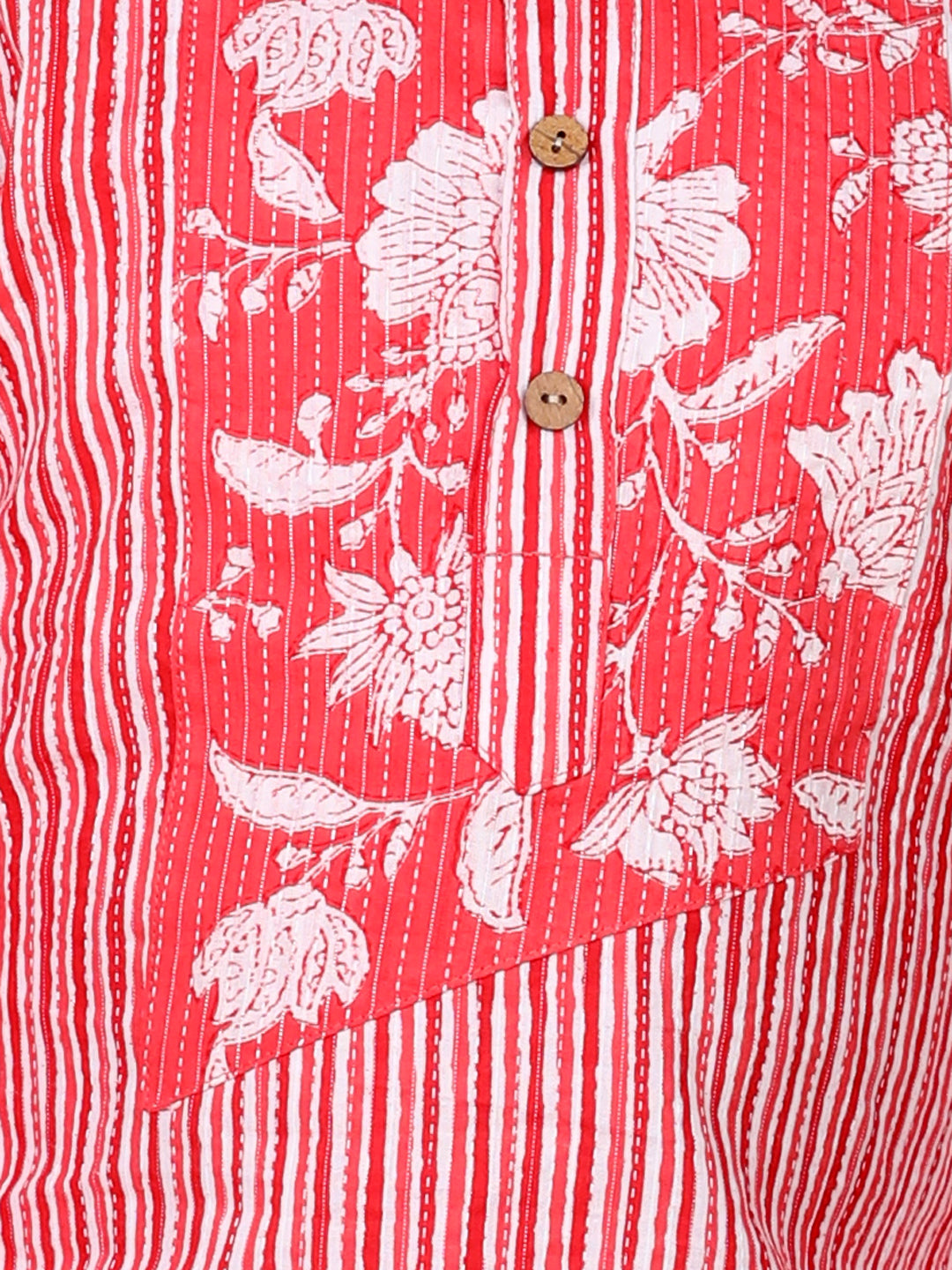 Red Striped Kurta with Floral Patch Kurta Set