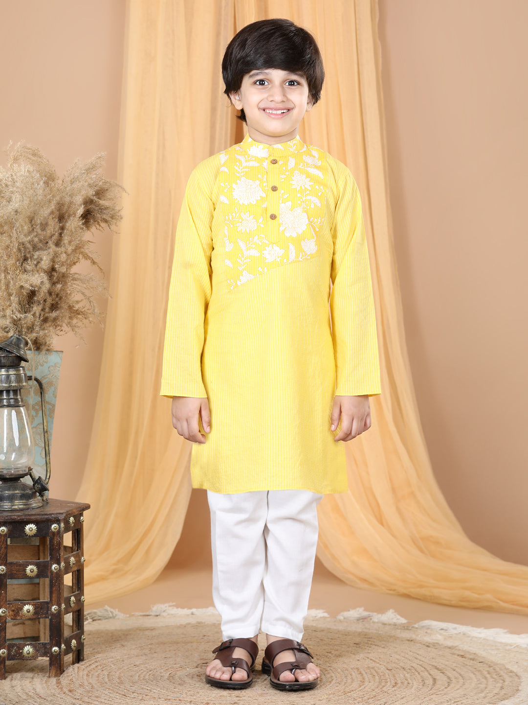 Yellow Striped Kurta with Floral Patch Kurta Set