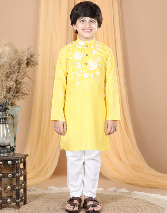 Yellow Striped Kurta with Floral Patch Kurta Set