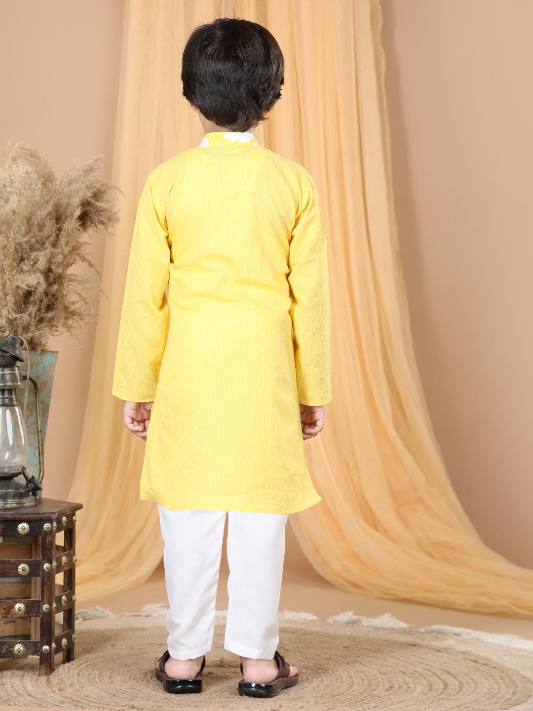 Yellow Striped Kurta with Floral Patch Kurta Set