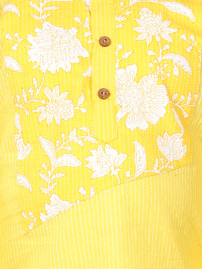 Yellow Striped Kurta with Floral Patch Kurta Set