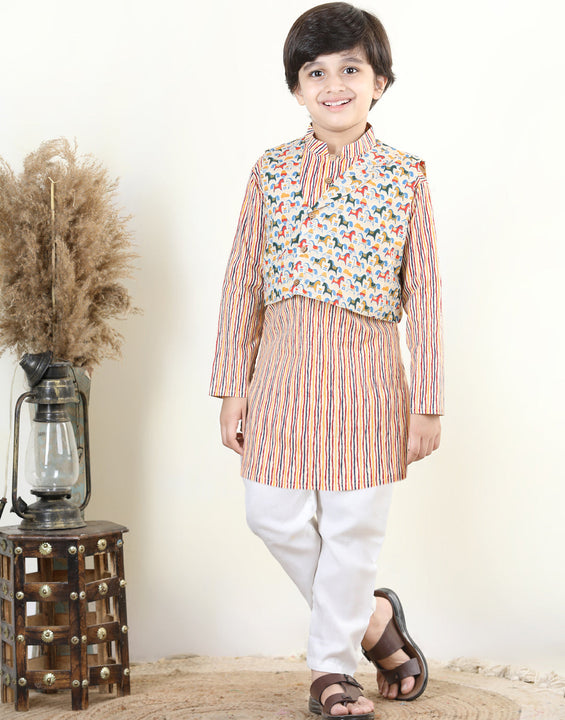 Striped Kurta with Horse Print Jacket Set