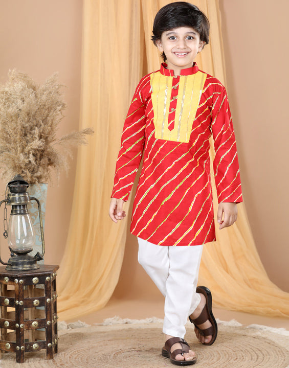 Red Leheriy with Patch detailing Kurta Set