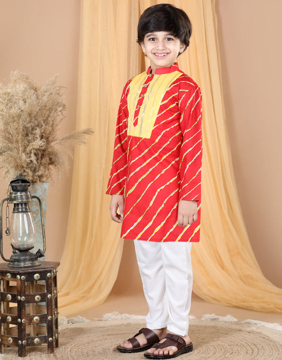Red Leheriy with Patch detailing Kurta Set