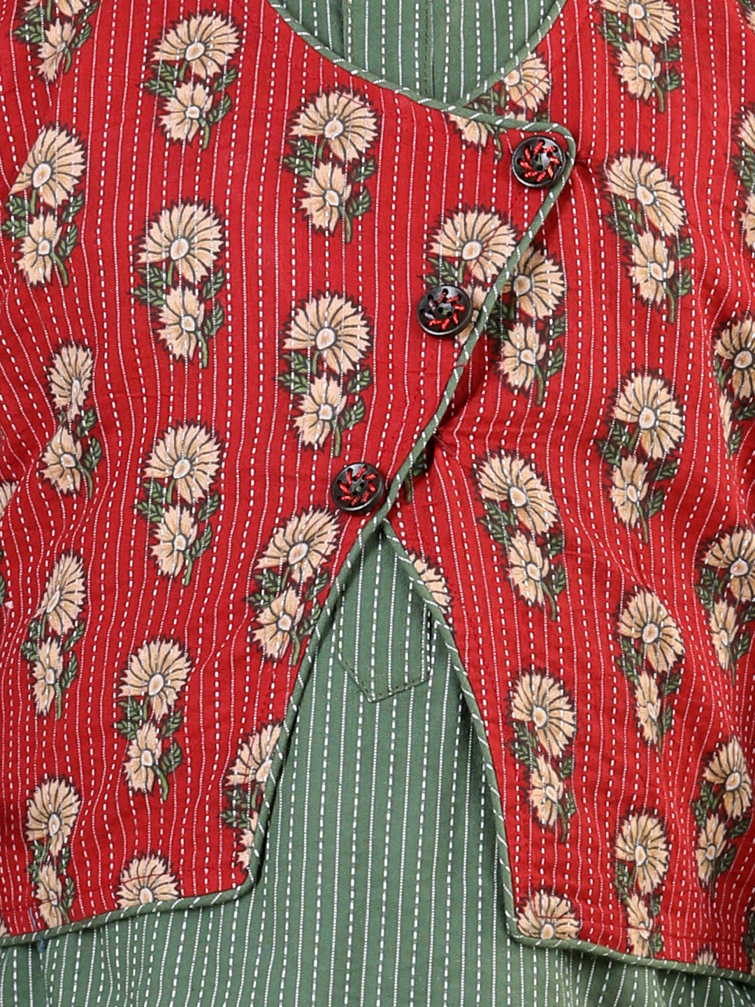 Green Katha Kurta with Red Floral Printed Jacket Set