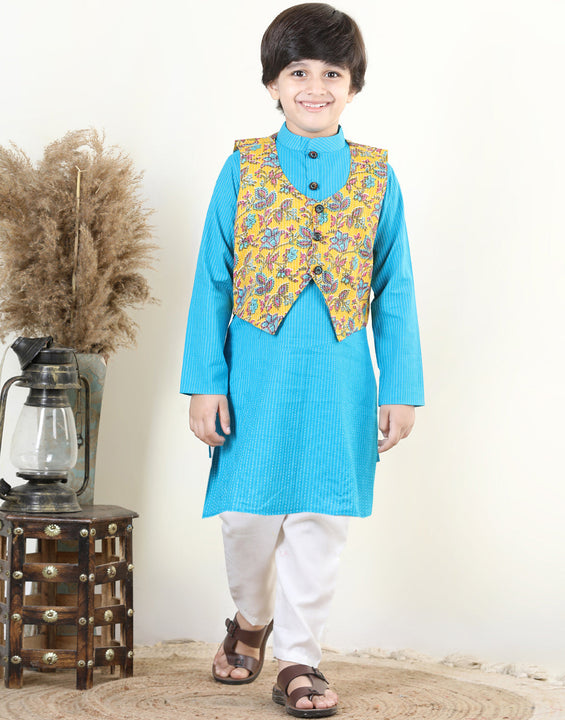 Blue Katha Kurta with Reversible Floral Jacket Set
