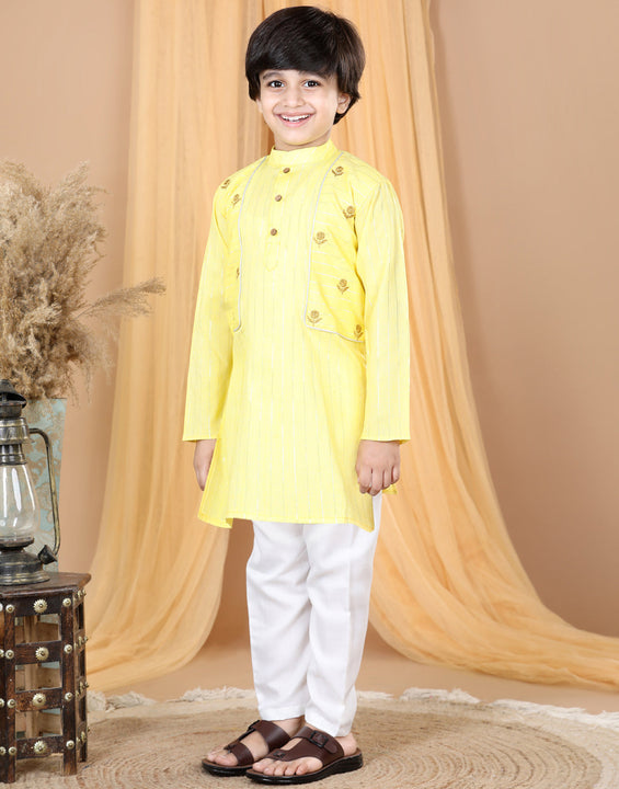 Yellow Embroidered Zari Lurex Kurta Set