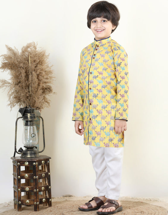 Yellow Camel Print Kurta Set
