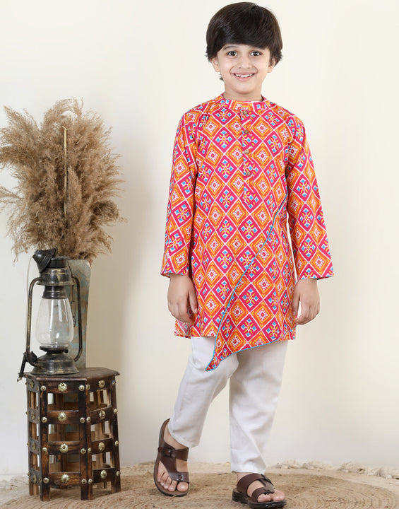 Red Patola Printed Asymmetrical  Kurta Set