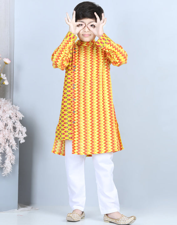 Yellow Floral & Chevron Detailed Kurta Set