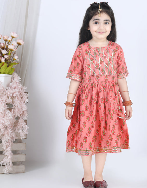 Peach Cotton Printed Dress