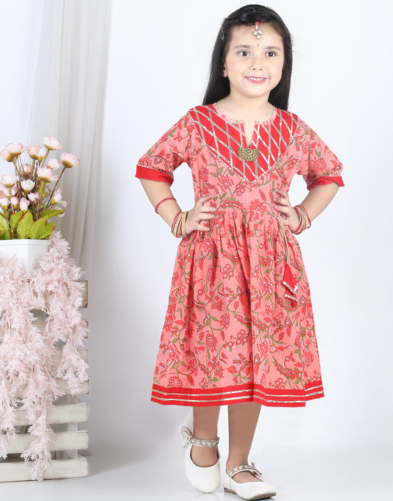 Peach & Red Cotton Printed Dress