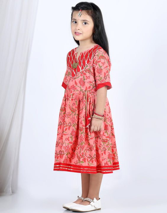 Peach & Red Cotton Printed Dress