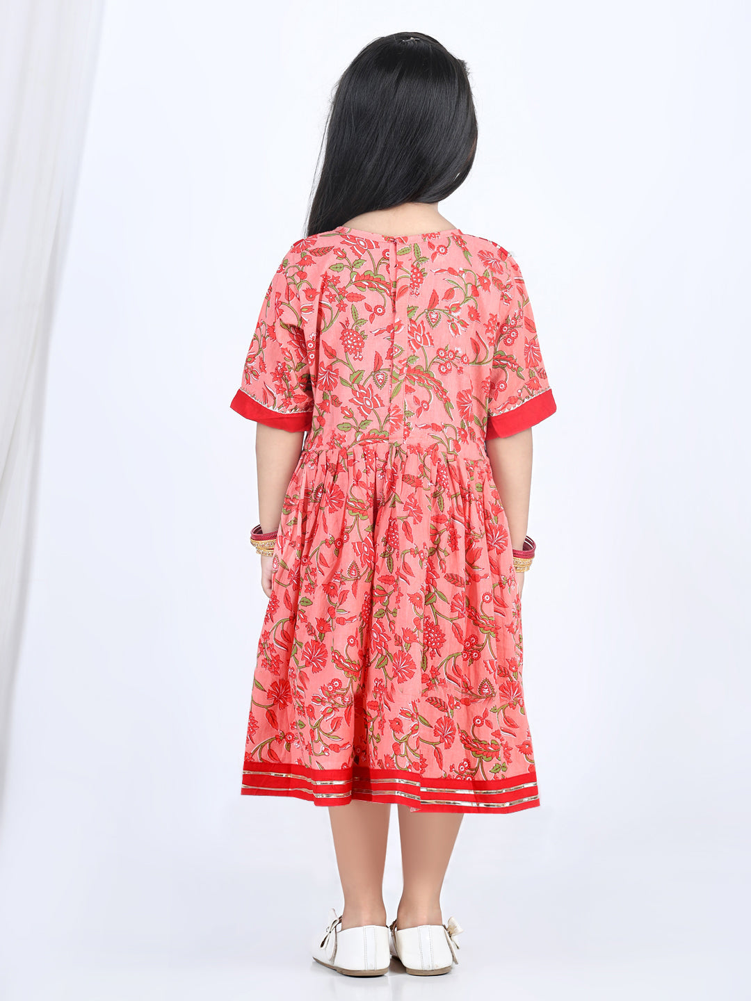Kinder Kids Three Fourth Sleeves All Over Floral Printed Lace Embellished Leheriya Dress - Peach