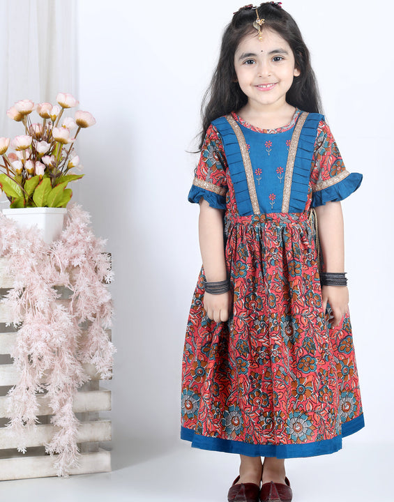 Red Half Sleeves Floral Printed & Embroidered Dress