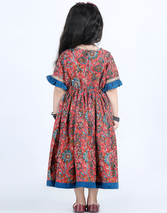 Red Half Sleeves Floral Printed & Embroidered Dress