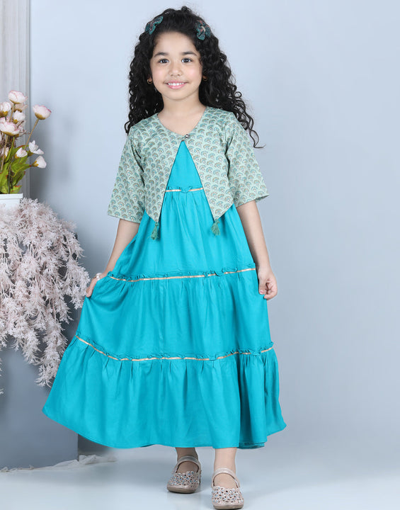 Blue Jacket With Tiered Long Dress