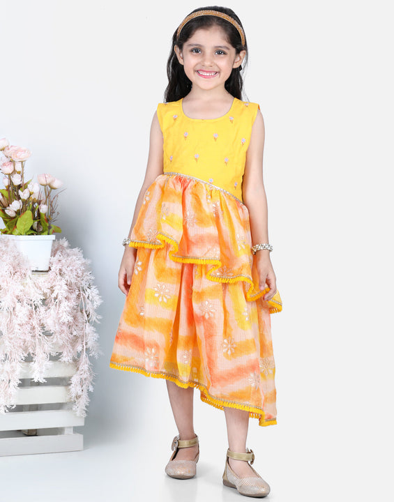 Yellow Foil Printed and Embroidered Dress